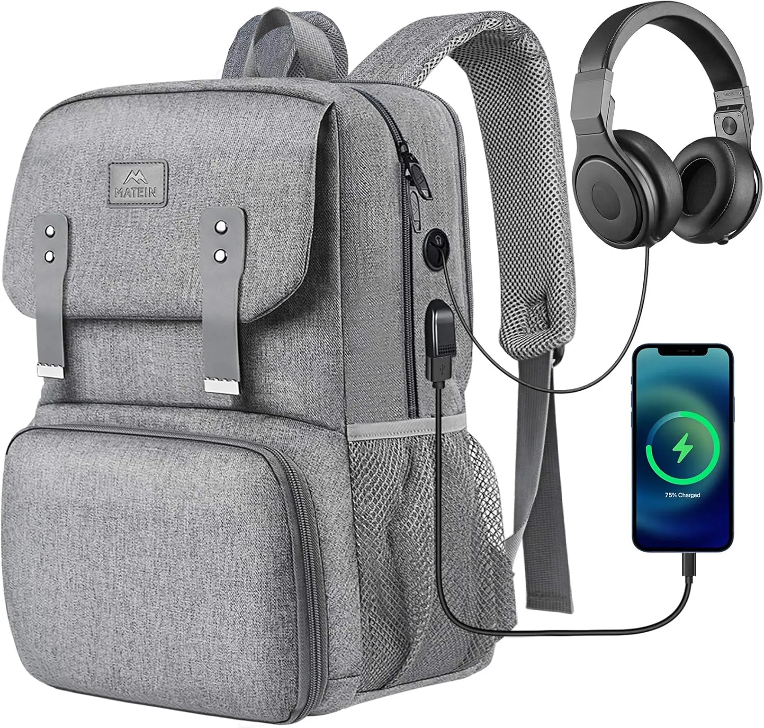 MATEIN Lunch Bags for Women, Cooler Lunchbox Insulated Work Backpack with USB Charging Port, Water Resistant Travel Computer Bag College Daypack Fits 15.6 Inch Laptop Friendship Gifts for Women, Grey