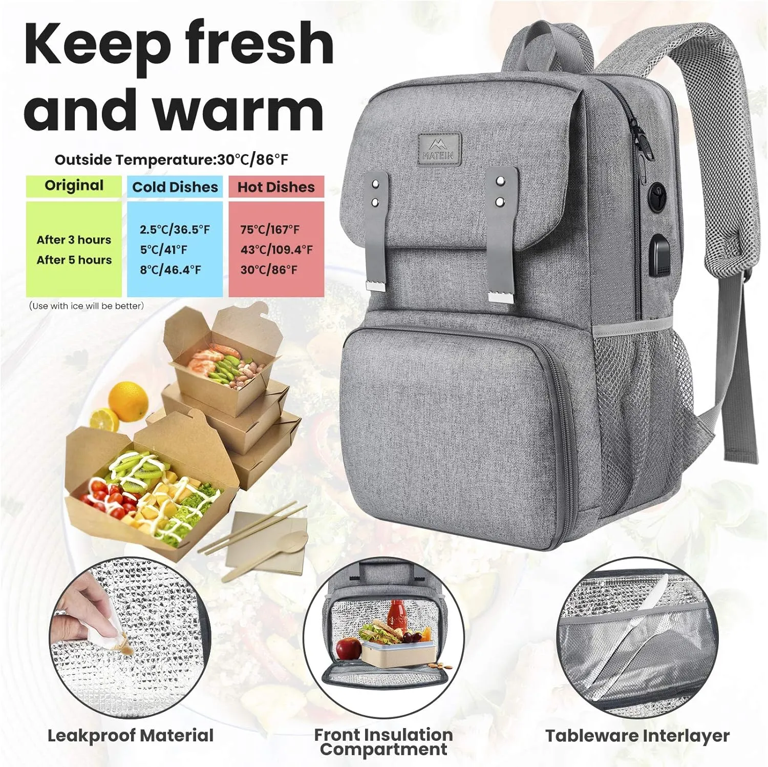 MATEIN Lunch Bags for Women, Cooler Lunchbox Insulated Work Backpack with USB Charging Port, Water Resistant Travel Computer Bag College Daypack Fits 15.6 Inch Laptop Friendship Gifts for Women, Grey