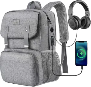 MATEIN Lunch Bags for Women, Cooler Lunchbox Insulated Work Backpack with USB Charging Port, Water Resistant Travel Computer Bag College Daypack Fits 15.6 Inch Laptop Friendship Gifts for Women, Grey