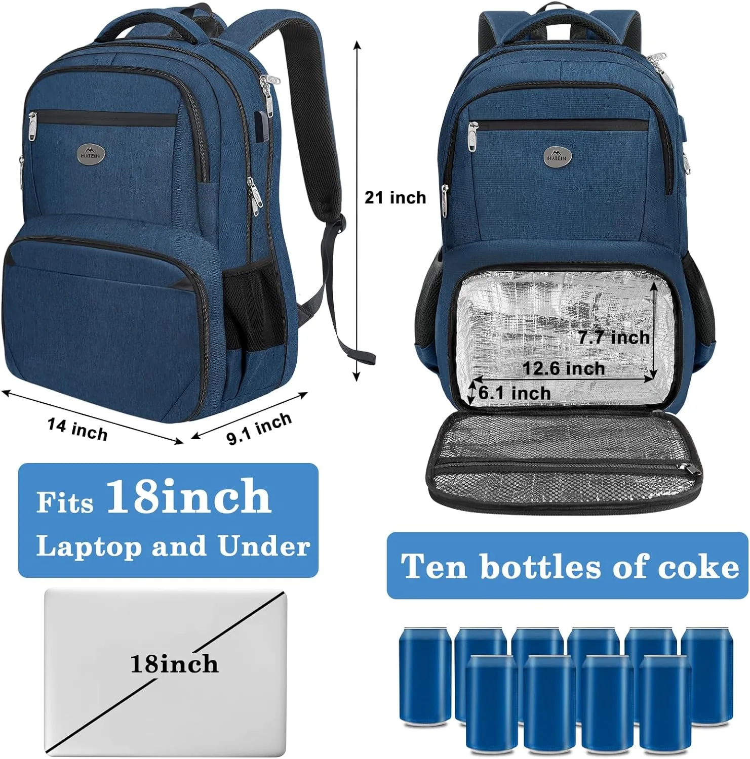 MATEIN Mens Backpack for Work, Water Resistant Lunch Box Backpack Fits 18 Inch Laptop, Flight Approved Travel Bookbag with Luggage Sleve, Extra Large Insulated Cooler Bag, Gifts for Adult