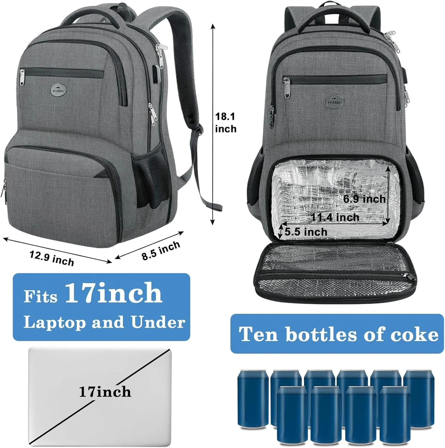 MATEIN Work Backpack for Men, Large Anti Theft Lunch Backpack with Laptop Compartment, TSA Friendly Travel Carry On Flight Approved, Lightweight College Bag for Camping Hiking, Grey