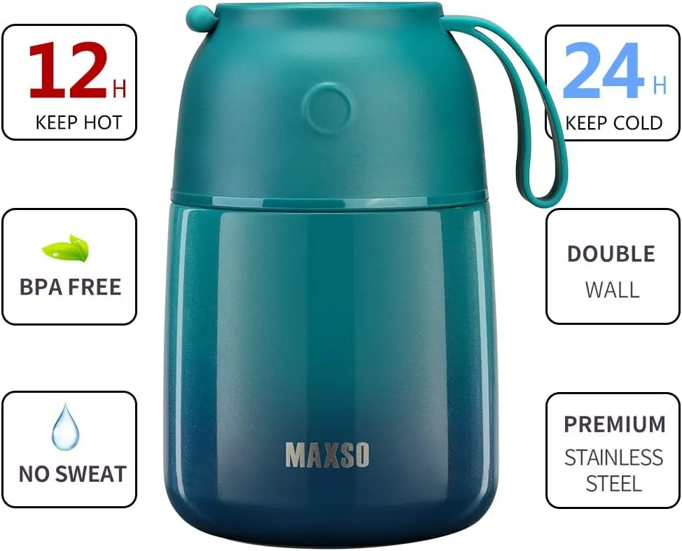 MAXSO Soup Thermo for Hot & Cold Food for Adults Kids, 17 oz Vacuum Insulated Steel Lunch Container Bento Box with Spoon, Leakproof Thermal Food Jar for School Office Travel - Blue Green