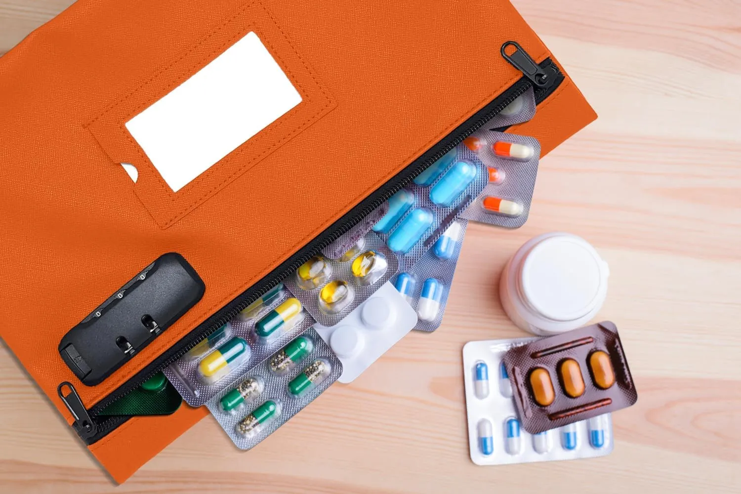 Medicine Bag with Lock | 12x8 Inch Med Bag | Medication Bag for Traveling | Small Medication Travel Bag | Kids Medicine Bag | Pills Locking Zipper Pouch Storage Case Organizer (Orange)
