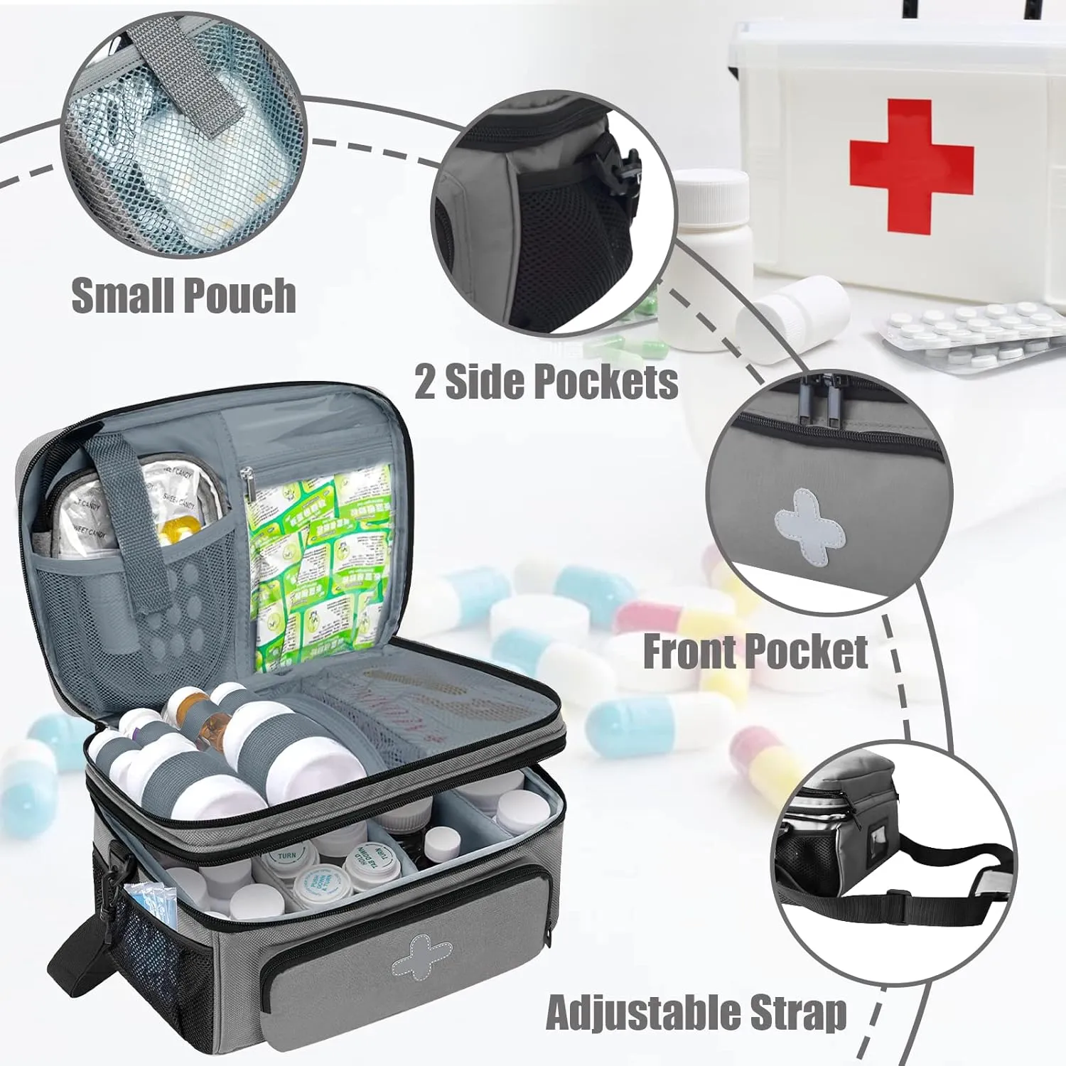 Medicine Storage Bag, Pill Bottle Organizer for Emergency, Medicine Box Empty with Small Portable Pouch, First Aid Box for Travel and Home Storage