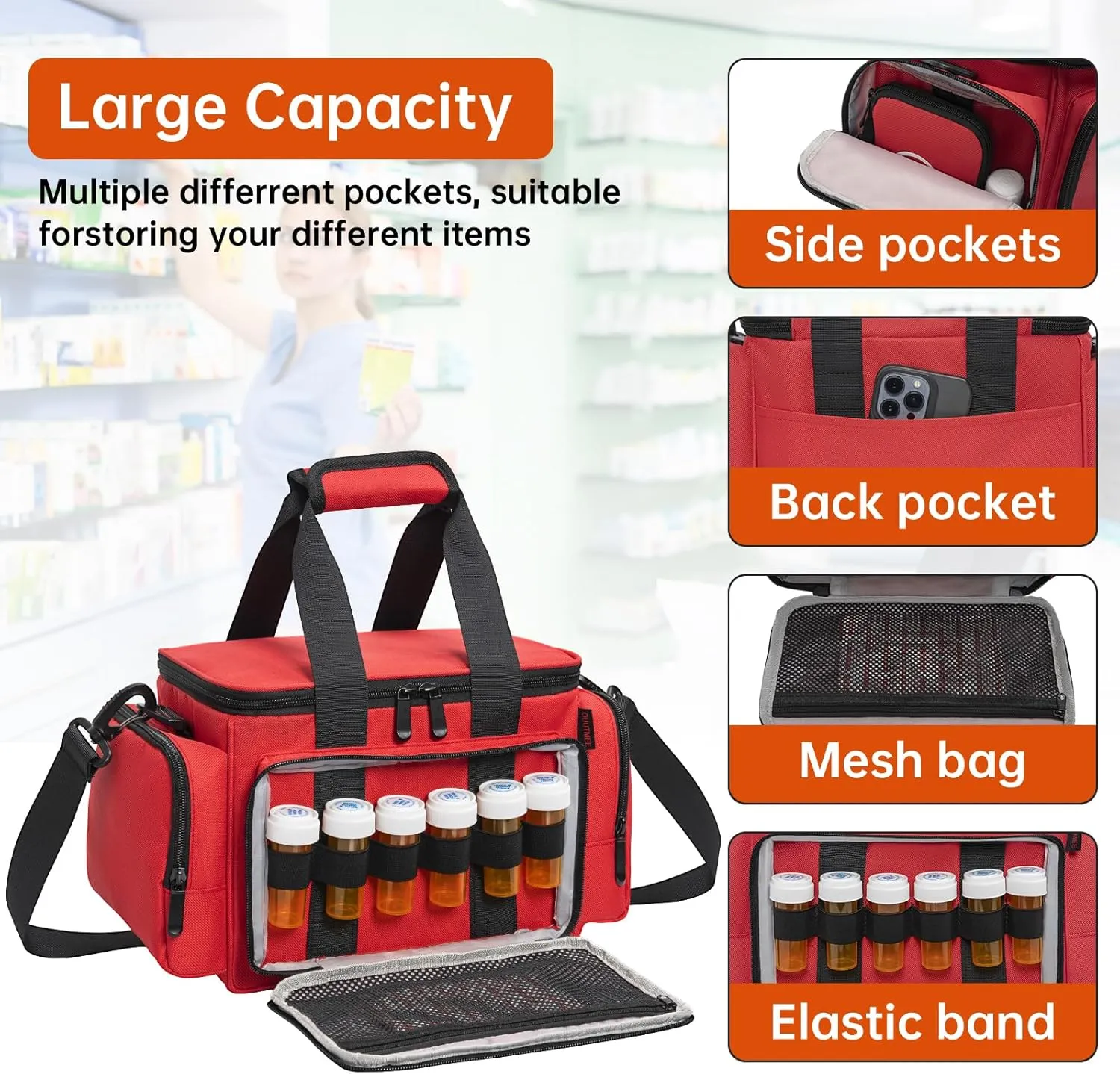 Medicine Storage Bag, Pill Bottle Organizer with Portable Small Pouch, Medication Bottle Organizer Empty with Shoulder Strap for Home Storage and Travel