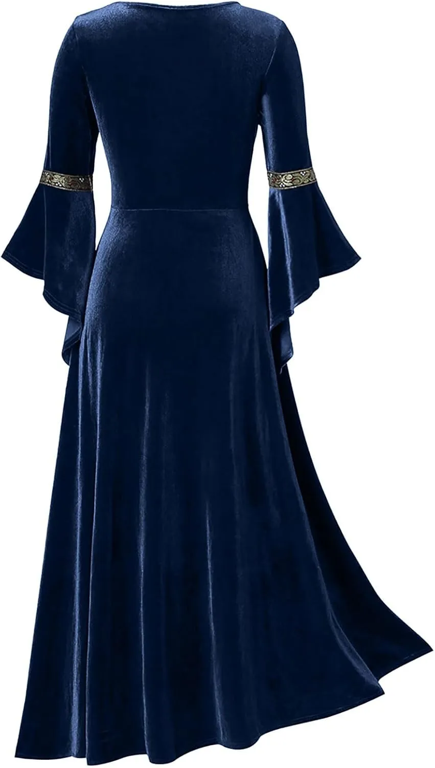 Medieval Costume Women Renaissance Dress Retro Velvet Trumpet Sleeve Corset Dress Irish Gown Long Dress for Halloween