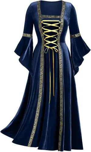 Medieval Costume Women Renaissance Dress Retro Velvet Trumpet Sleeve Corset Dress Irish Gown Long Dress for Halloween