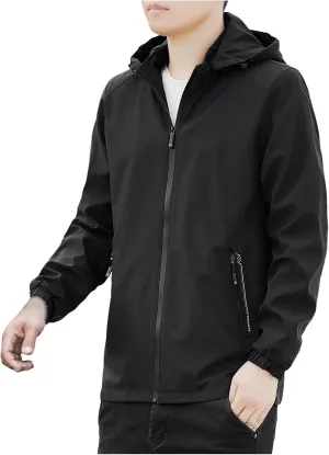 Men Waterproof Lightweight Rain Jacket Breathable Active Outdoor Hooded Raincoat Casual Trendy Work Jacket for Hiking