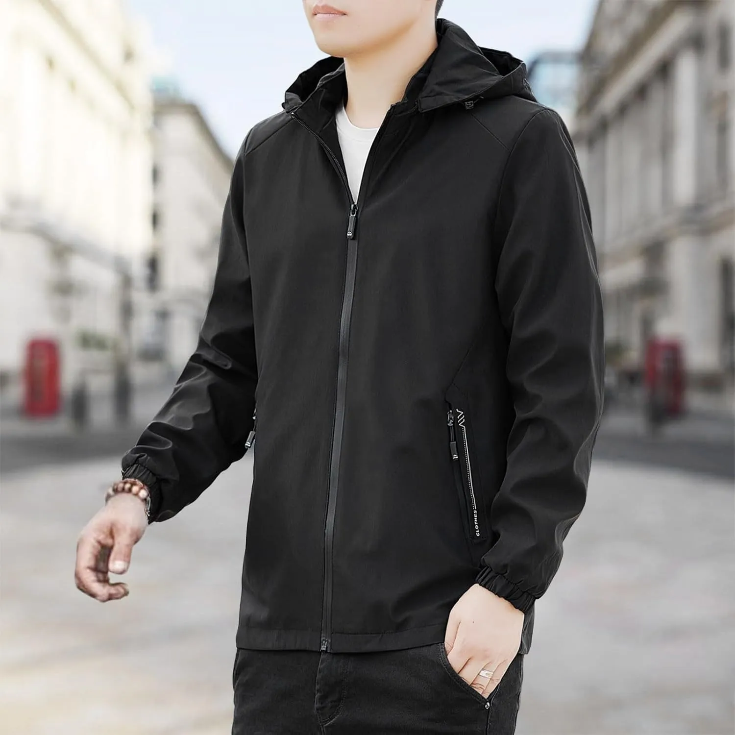 Men Waterproof Lightweight Rain Jacket Breathable Active Outdoor Hooded Raincoat Casual Trendy Work Jacket for Hiking