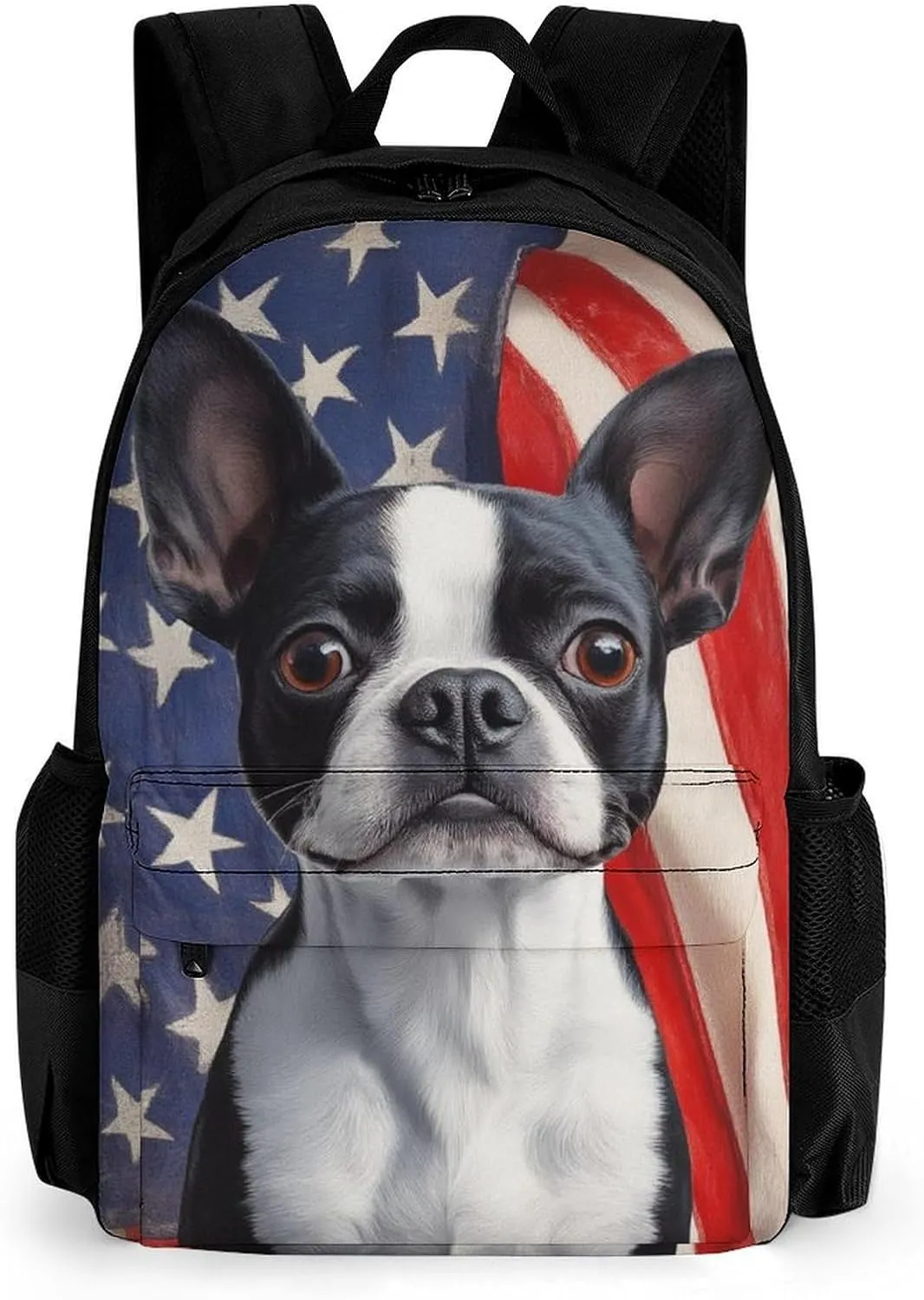 Men Women Lightweight American Us Flag Boston Terrier Backpack Large Capacity Carry On Bag With Padded Straps for Sports Work Walking Cycling