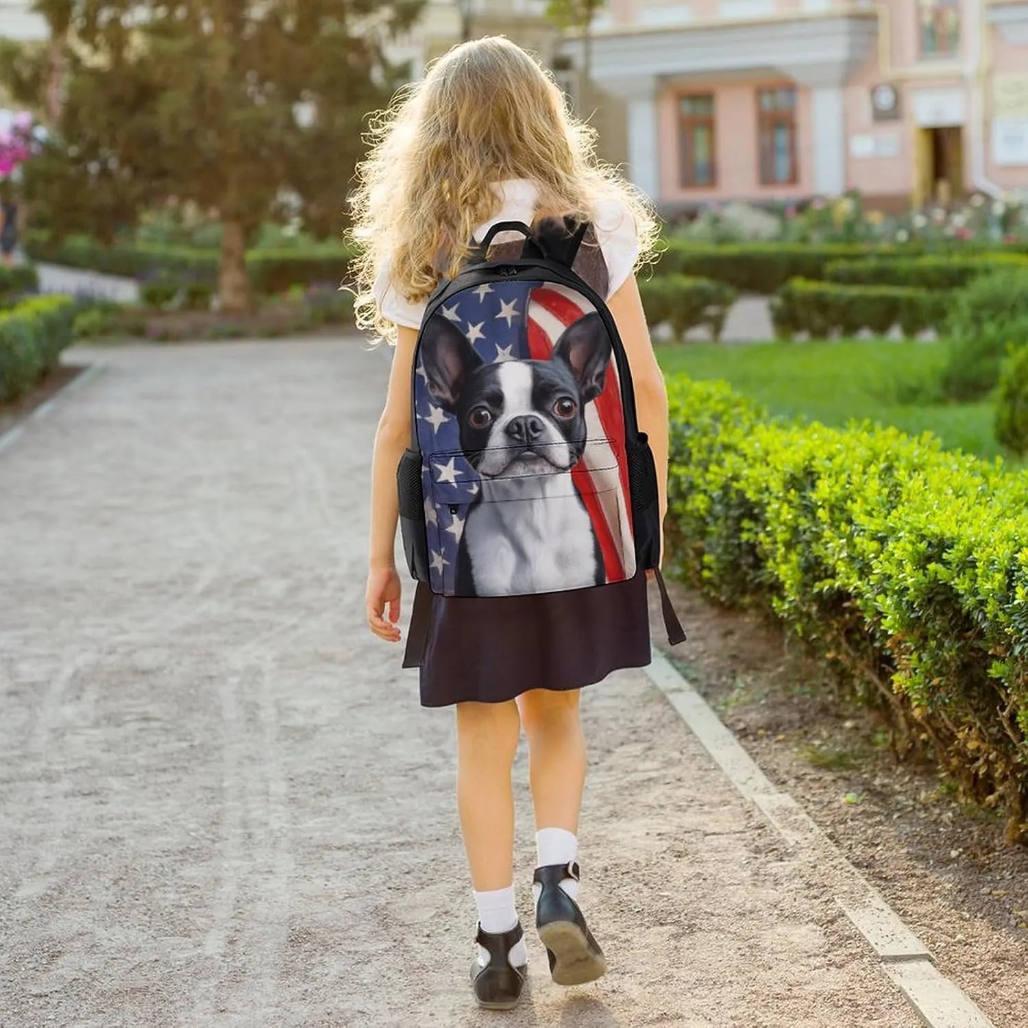 Men Women Lightweight American Us Flag Boston Terrier Backpack Large Capacity Carry On Bag With Padded Straps for Sports Work Walking Cycling
