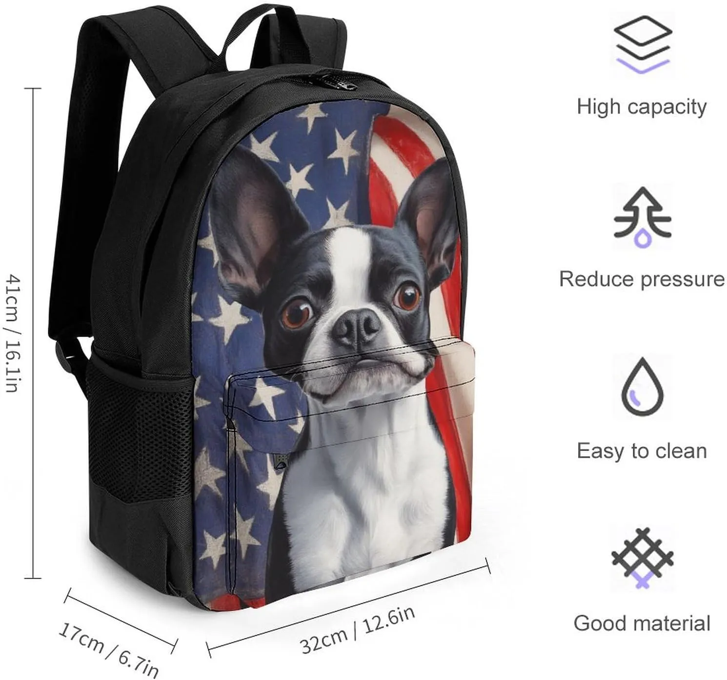 Men Women Lightweight American Us Flag Boston Terrier Backpack Large Capacity Carry On Bag With Padded Straps for Sports Work Walking Cycling
