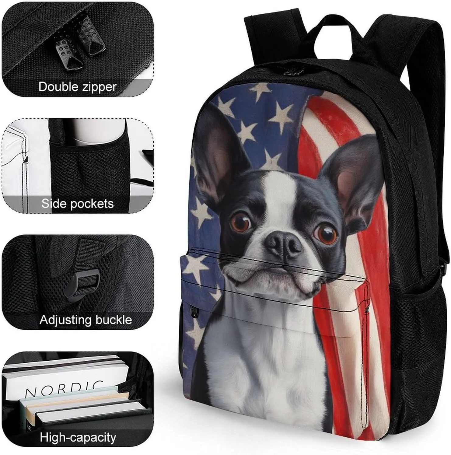 Men Women Lightweight American Us Flag Boston Terrier Backpack Large Capacity Carry On Bag With Padded Straps for Sports Work Walking Cycling