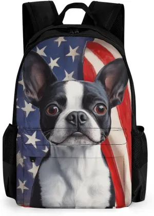 Men Women Lightweight American Us Flag Boston Terrier Backpack Large Capacity Carry On Bag With Padded Straps for Sports Work Walking Cycling