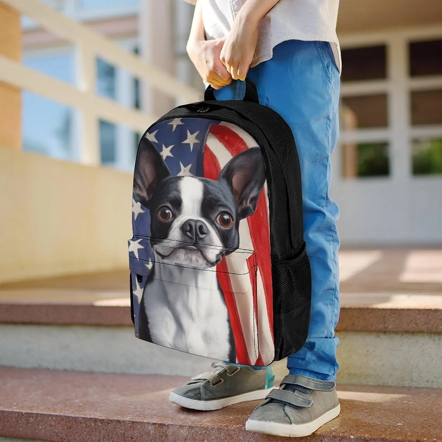 Men Women Lightweight American Us Flag Boston Terrier Backpack Large Capacity Carry On Bag With Padded Straps for Sports Work Walking Cycling