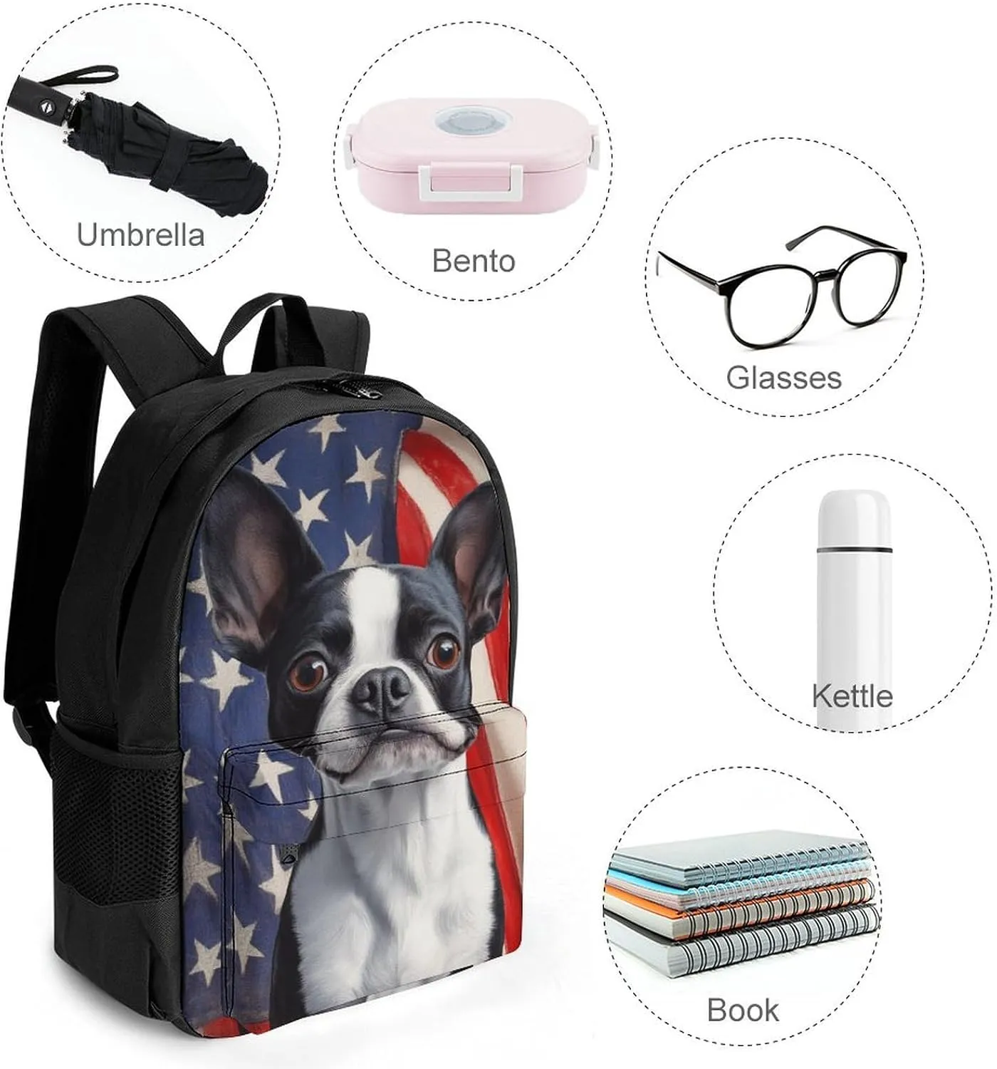 Men Women Lightweight American Us Flag Boston Terrier Backpack Large Capacity Carry On Bag With Padded Straps for Sports Work Walking Cycling