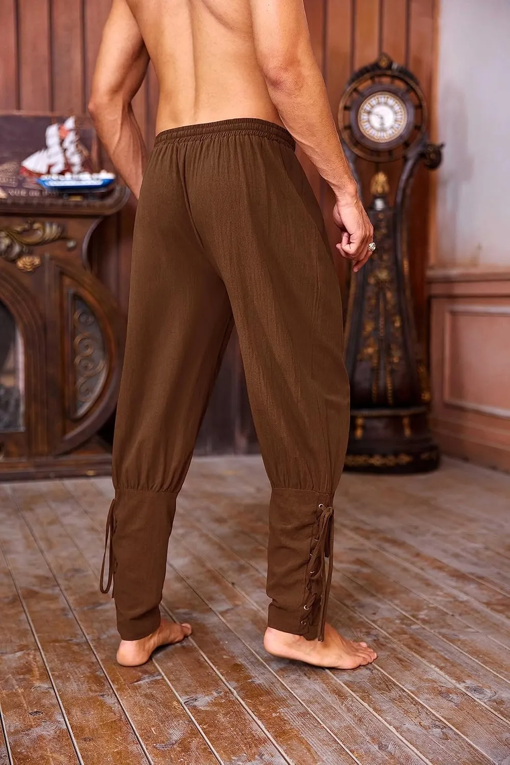 Mens Medieval Ankle Pants Viking Pirate Renaissance Costume Lace Up Tapered Banded Navigator Casual Trousers