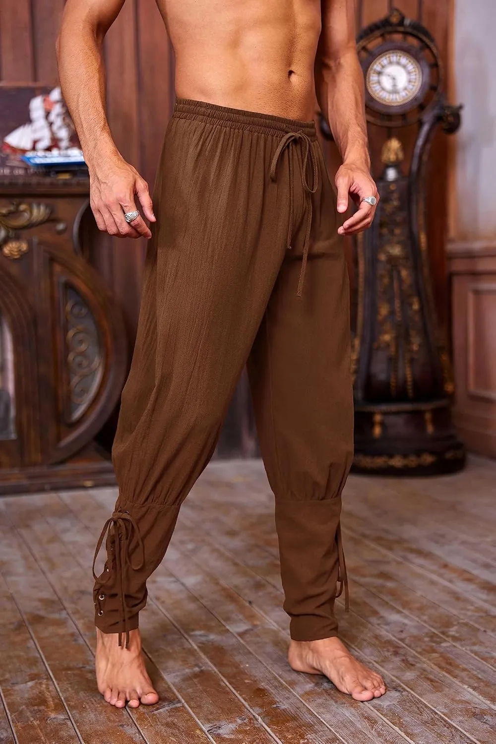 Mens Medieval Ankle Pants Viking Pirate Renaissance Costume Lace Up Tapered Banded Navigator Casual Trousers