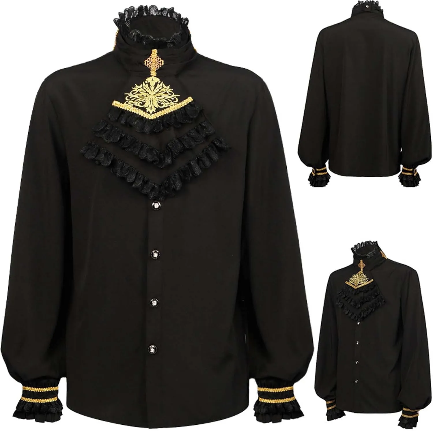 Men's Renaissance Lace Shirts Medieval Ruffled Blouse Court Long Sleeve Dress Shirt Victorian Standing Collar Costume