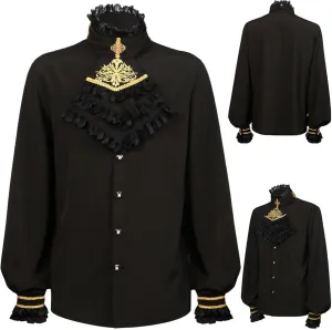 Men's Renaissance Lace Shirts Medieval Ruffled Blouse Court Long Sleeve Dress Shirt Victorian Standing Collar Costume