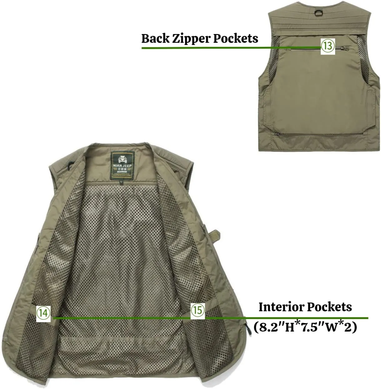 Mens Utility Casual Fishing Vests Outdoor Vest Multi Pockets Cargo Vest Travel Hunting Camping Tactical Outerwear