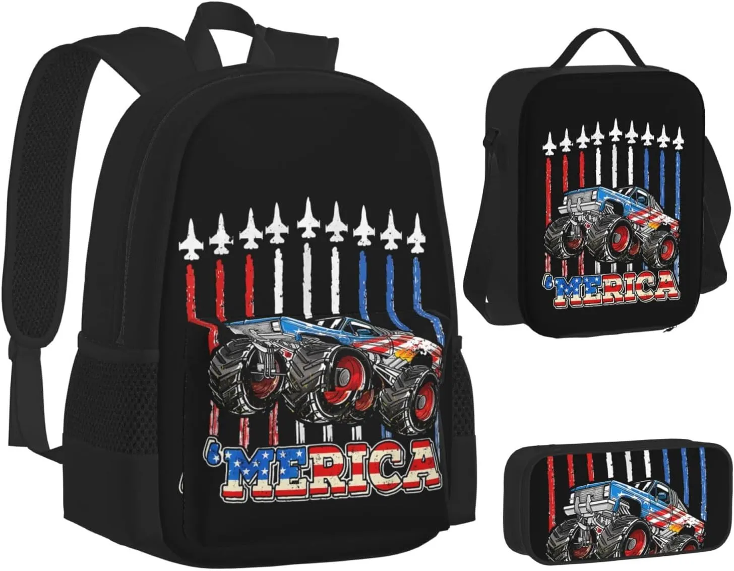 Merica Monster Truck Patriotic American Flag Multifunctional Pocket Backpack Crossbody Lunch Bag Pencil Case 3Pcs Set Large Capacity Backpack
