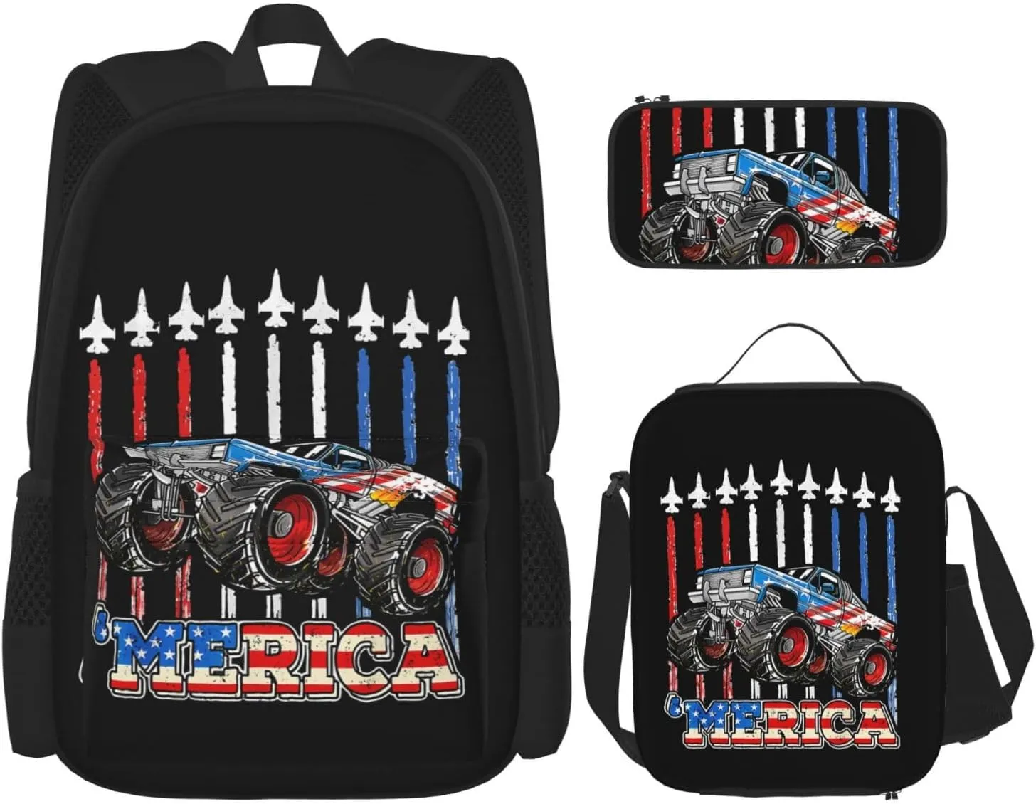 Merica Monster Truck Patriotic American Flag Multifunctional Pocket Backpack Crossbody Lunch Bag Pencil Case 3Pcs Set Large Capacity Backpack