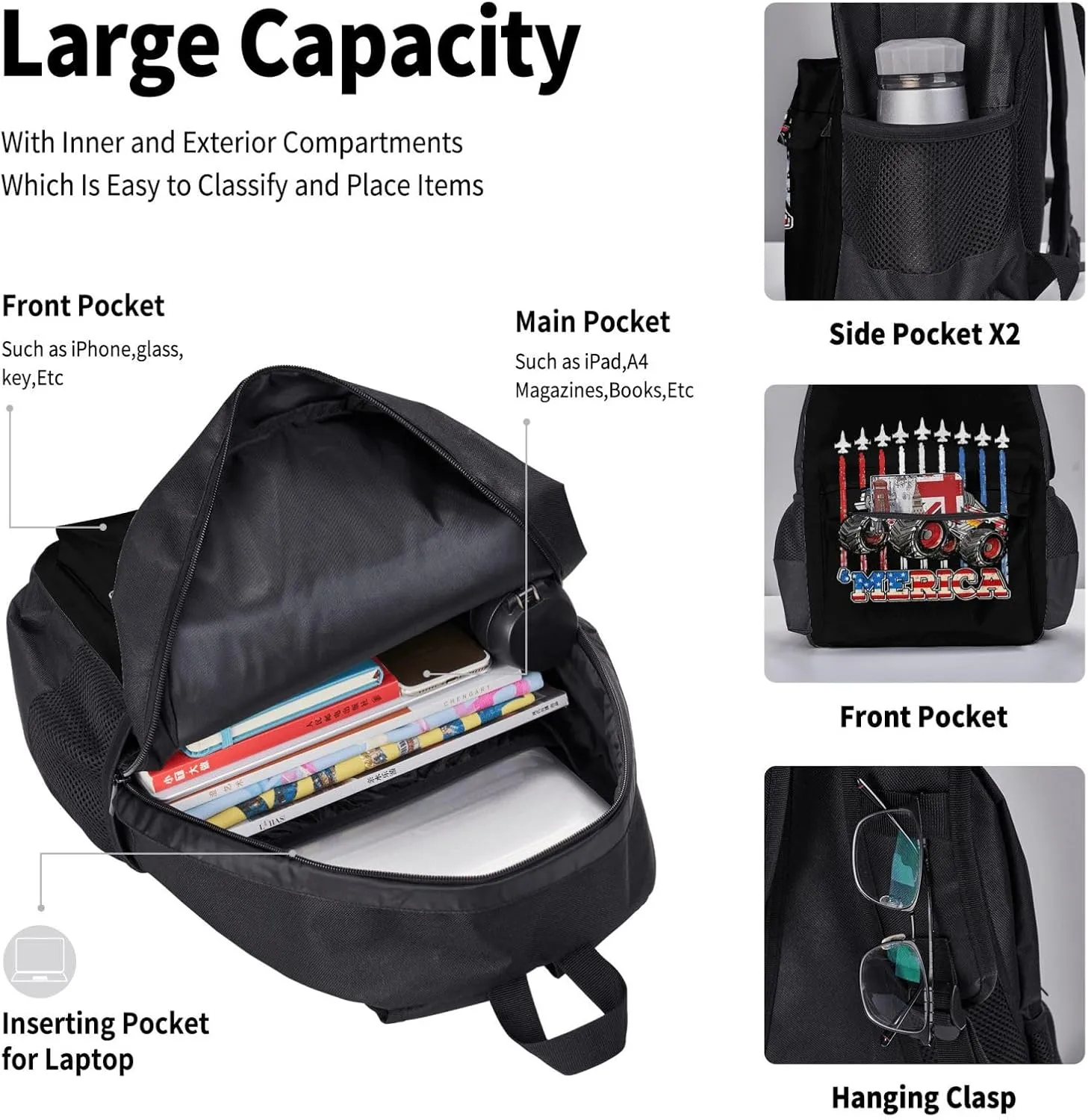 Merica Monster Truck Patriotic American Flag Multifunctional Pocket Backpack Crossbody Lunch Bag Pencil Case 3Pcs Set Large Capacity Backpack
