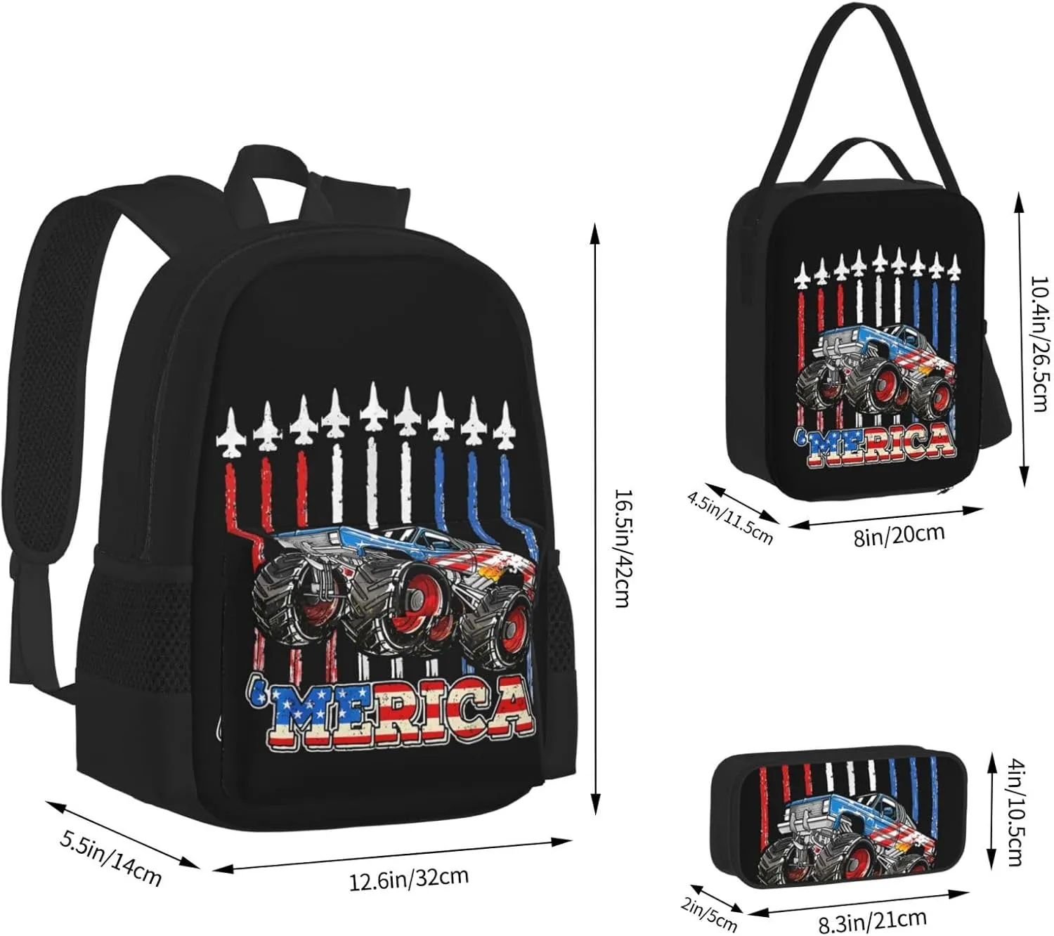 Merica Monster Truck Patriotic American Flag Multifunctional Pocket Backpack Crossbody Lunch Bag Pencil Case 3Pcs Set Large Capacity Backpack