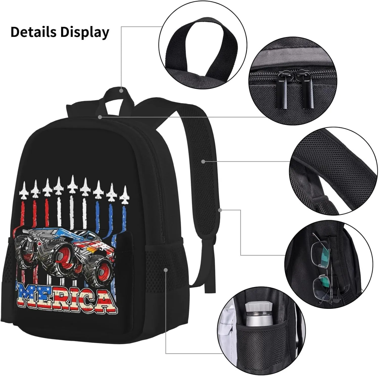 Merica Monster Truck Patriotic American Flag Multifunctional Pocket Backpack Crossbody Lunch Bag Pencil Case 3Pcs Set Large Capacity Backpack