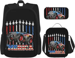 Merica Monster Truck Patriotic American Flag Multifunctional Pocket Backpack Crossbody Lunch Bag Pencil Case 3Pcs Set Large Capacity Backpack