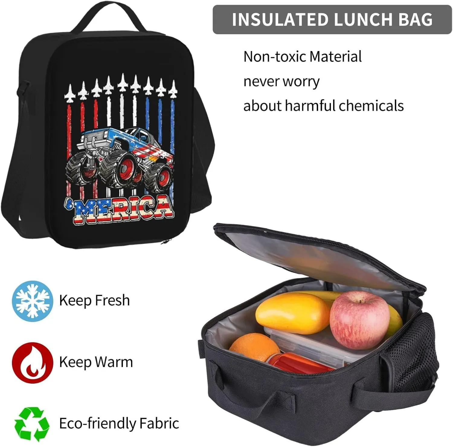 Merica Monster Truck Patriotic American Flag Multifunctional Pocket Backpack Crossbody Lunch Bag Pencil Case 3Pcs Set Large Capacity Backpack