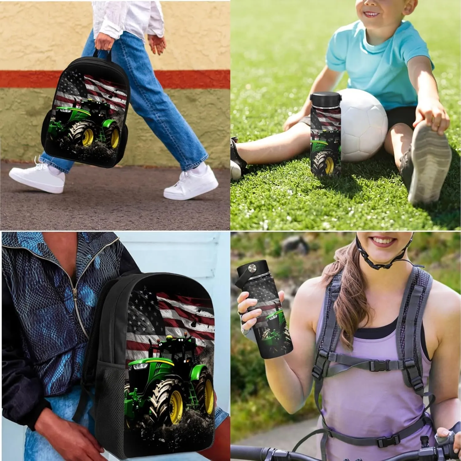 Merkmak American Flag Kids Backpack 3 Pcs Set for Boys Cool Tractor Bookbag,Black School Bag for 3-7T Children Patriotic Book Bags with Lunch Bag and Water Bottle for Daily
