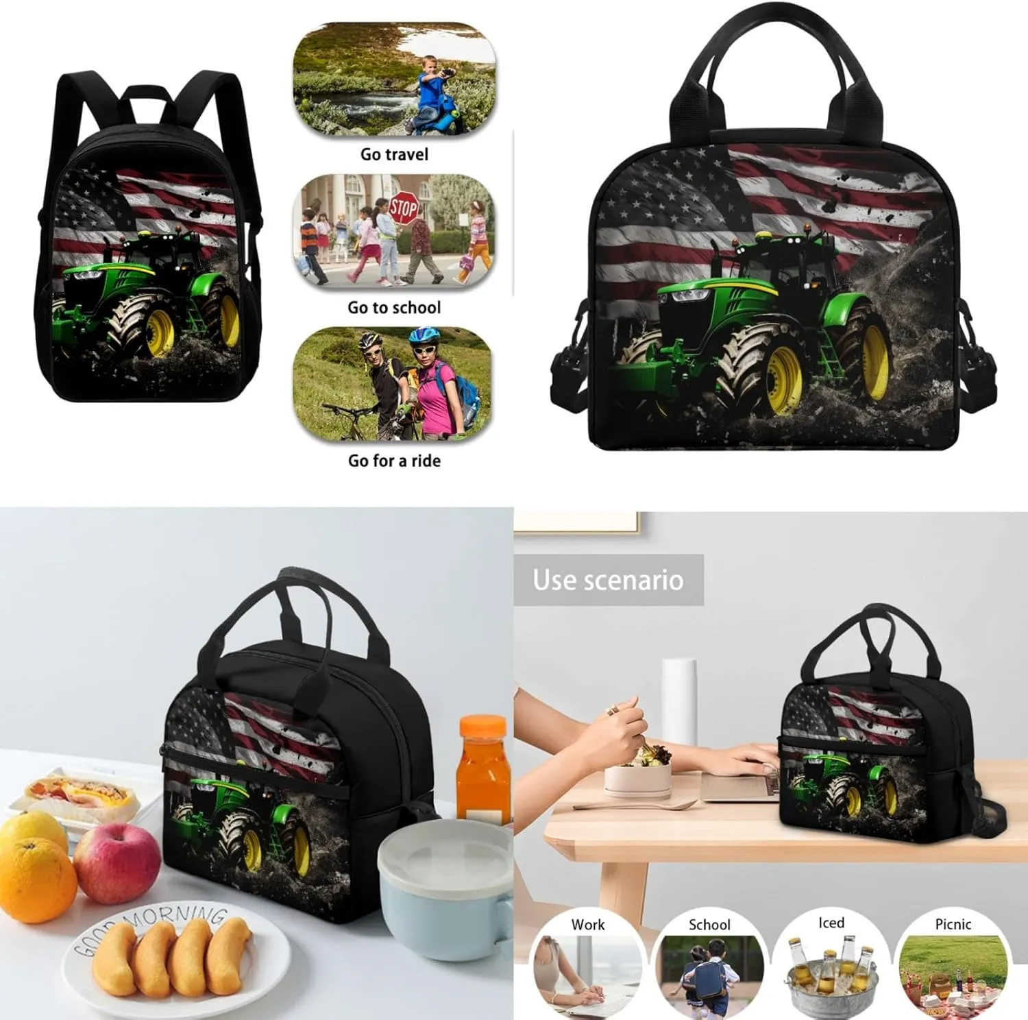 Merkmak American Flag Kids Backpack 3 Pcs Set for Boys Cool Tractor Bookbag,Black School Bag for 3-7T Children Patriotic Book Bags with Lunch Bag and Water Bottle for Daily