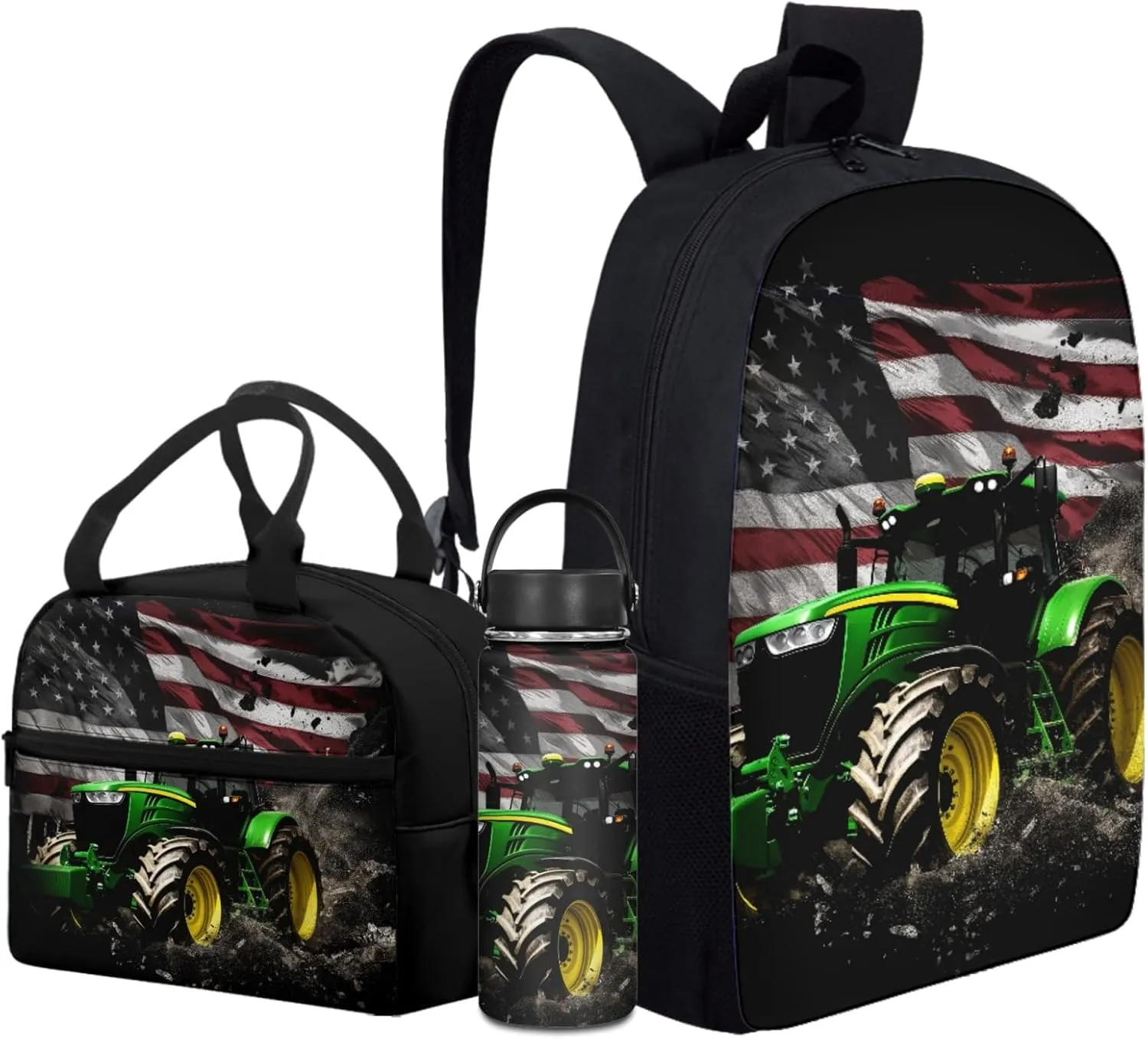 Merkmak American Flag Kids Backpack 3 Pcs Set for Boys Cool Tractor Bookbag,Black School Bag for 3-7T Children Patriotic Book Bags with Lunch Bag and Water Bottle for Daily