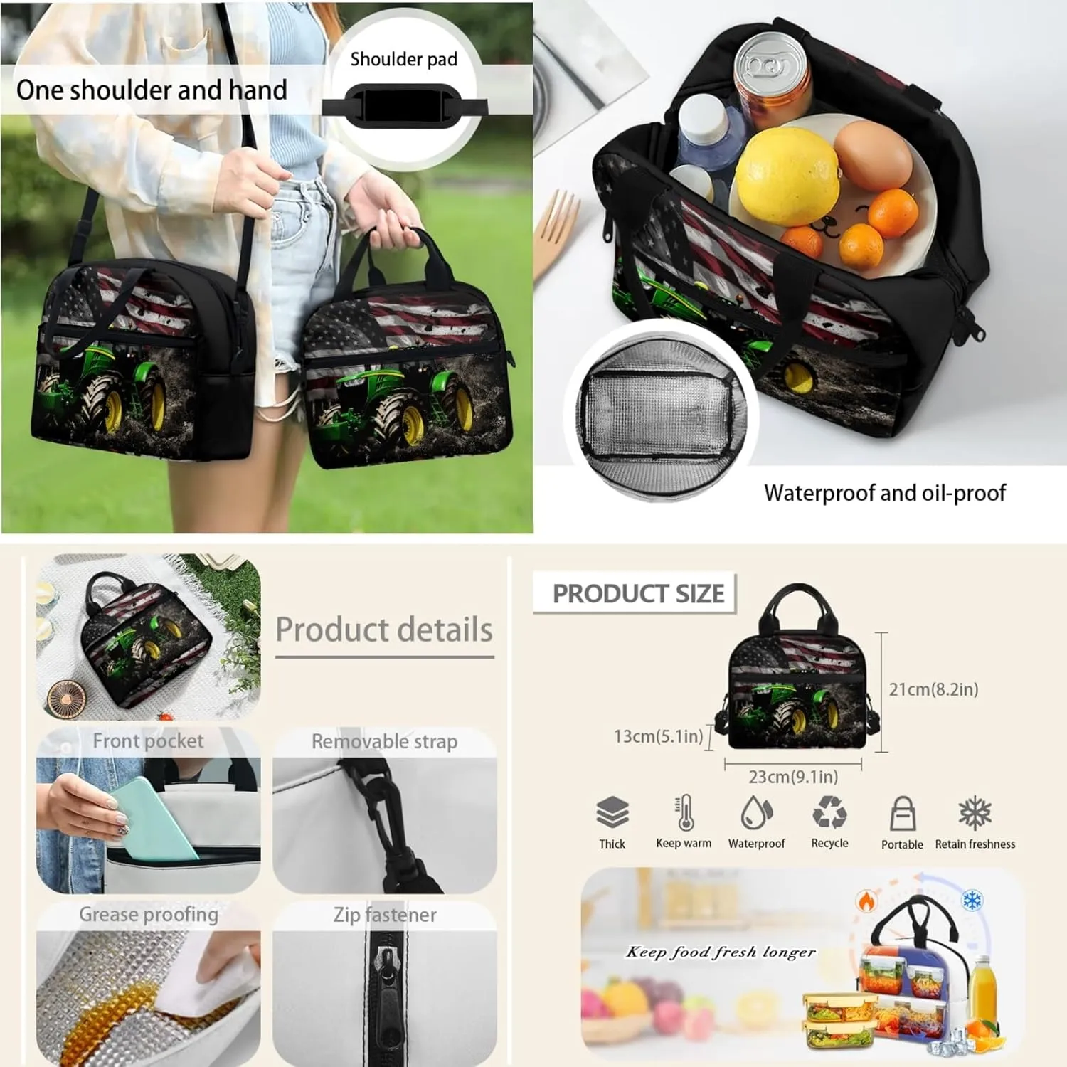 Merkmak American Flag Kids Backpack 3 Pcs Set for Boys Cool Tractor Bookbag,Black School Bag for 3-7T Children Patriotic Book Bags with Lunch Bag and Water Bottle for Daily