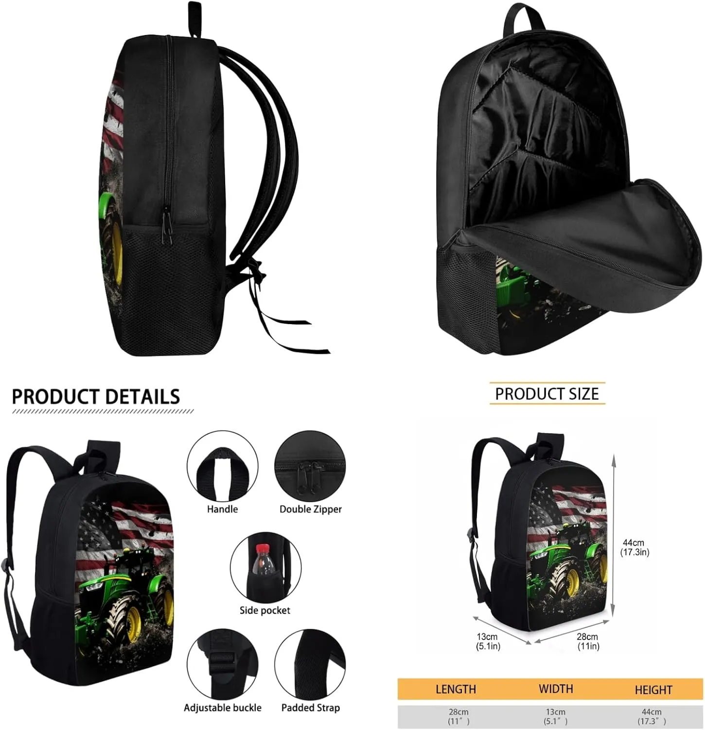 Merkmak American Flag Kids Backpack 3 Pcs Set for Boys Cool Tractor Bookbag,Black School Bag for 3-7T Children Patriotic Book Bags with Lunch Bag and Water Bottle for Daily