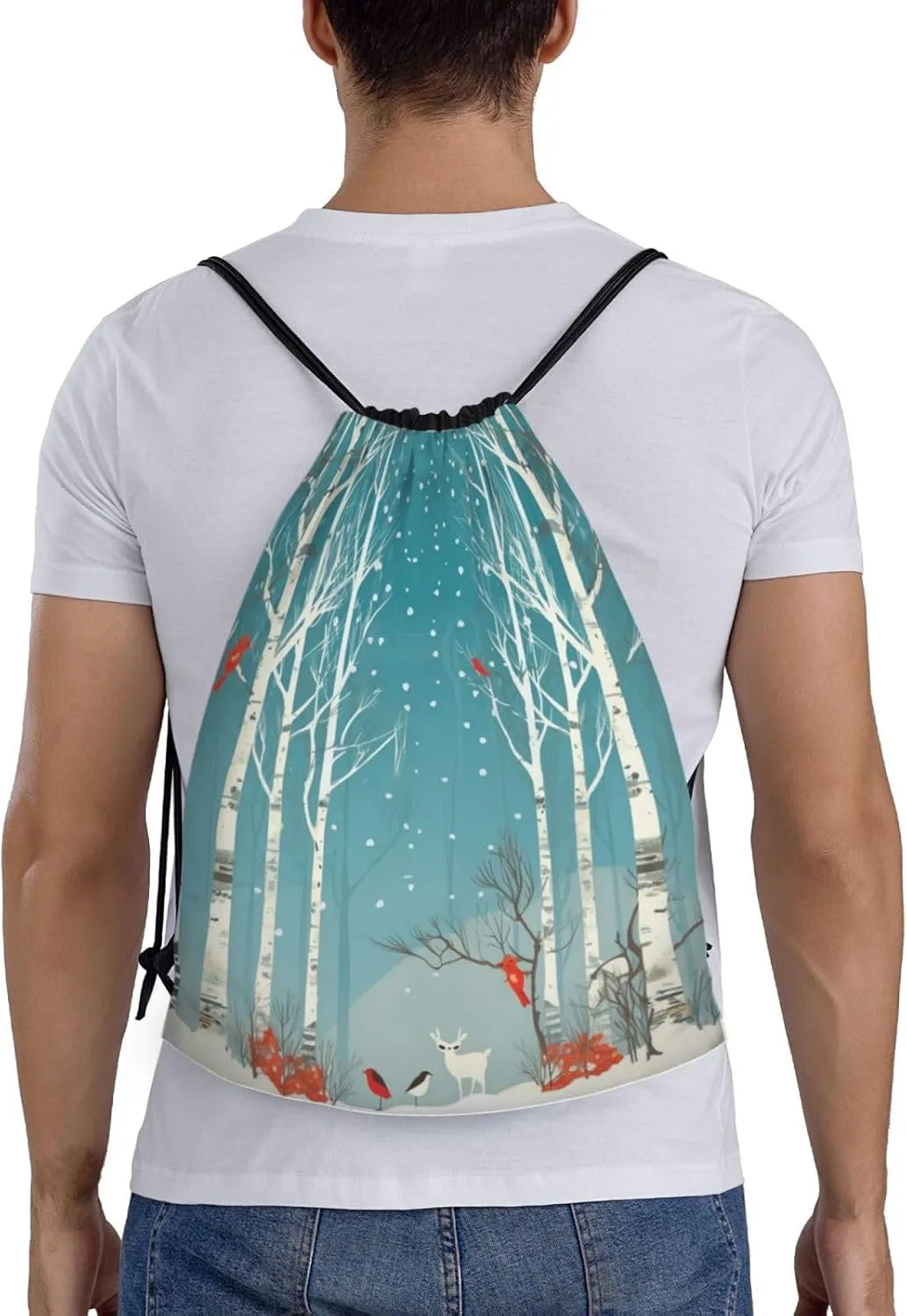 Merry Christmas Birch Tree Drawstring Backpack Waterproof String Bag Sports Sackpack Gym Bags for Men Women
