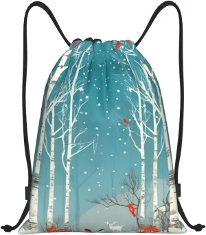 Merry Christmas Birch Tree Drawstring Backpack Waterproof String Bag Sports Sackpack Gym Bags for Men Women