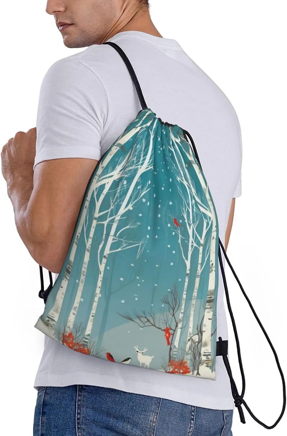 Merry Christmas Birch Tree Drawstring Backpack Waterproof String Bag Sports Sackpack Gym Bags for Men Women