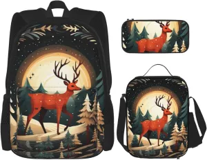 Merry Christmas Deer Print Comfortable Adjustable Shoulder Casual Fashion Backpack Lunch Bag Pencil Case