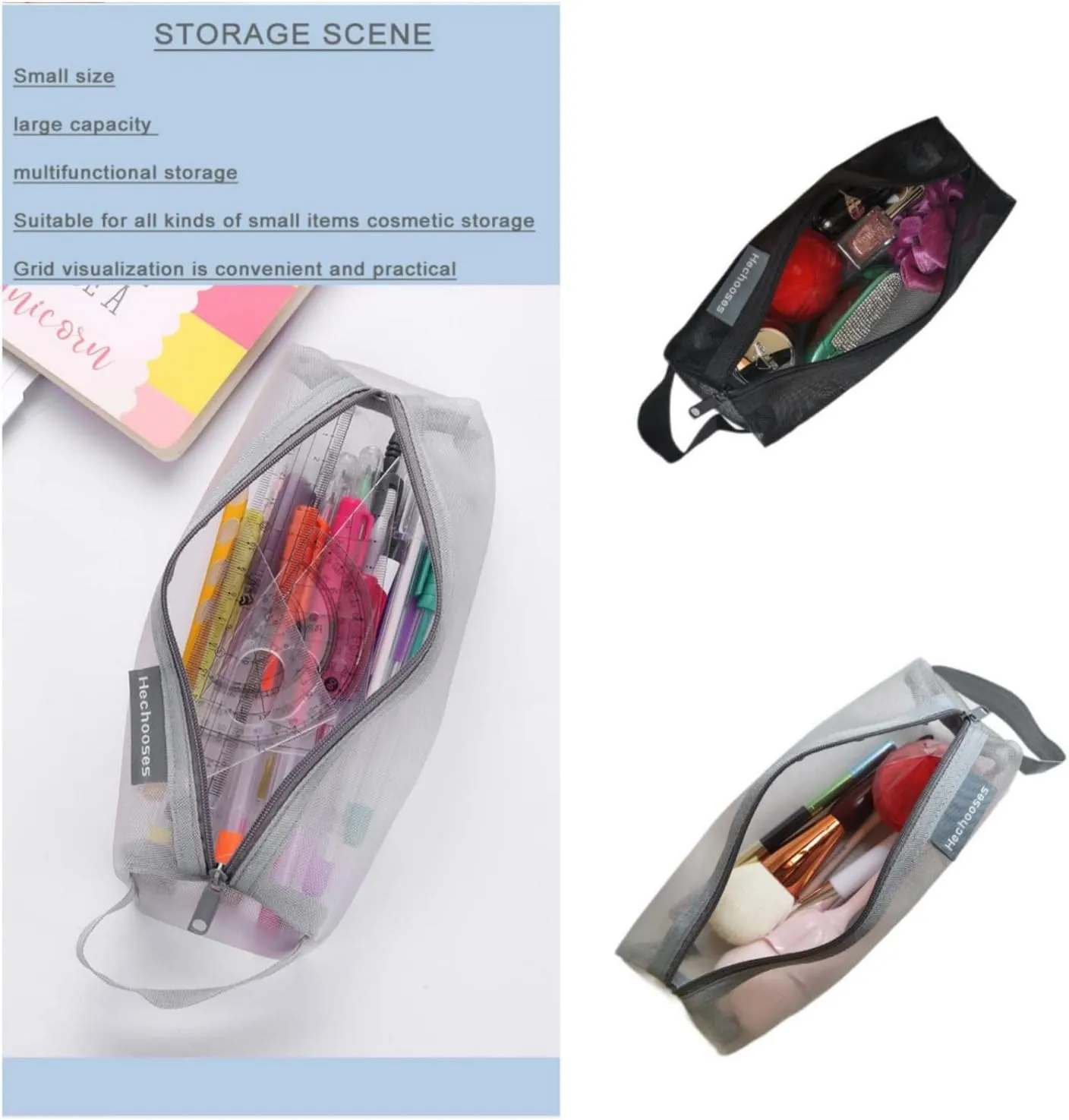Mesh Cosmetic Bag Portable Clear Makeup Bags Mesh Zipper Pouch for Home Office Travel Accessories Organizer 3PCS
