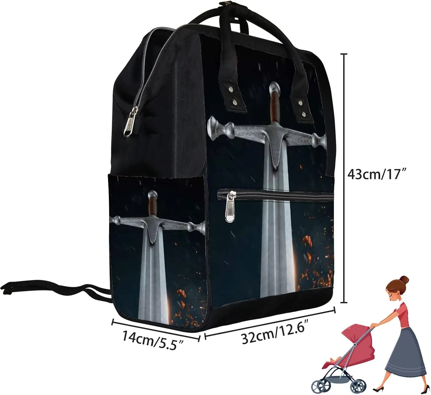 Metal Sword Diaper Bag Backpack Waterproof Backpack Baby Nappy Changing Bag for Travel Large Capacity Durable and Stylish for Woman