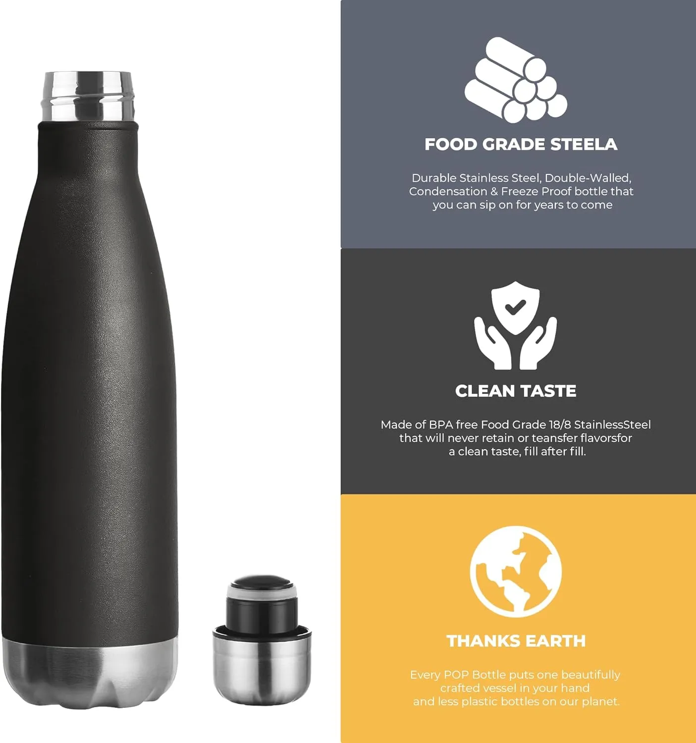 MEWAY 17oz Sport Water Bottle 12 Pack Vacuum Insulated Stainless Steel Sport Water Bottle Leak-Proof Double Wall Cola Shape Water Bottle,Keep Drinks Hot & Cold (Black,12 Pack)