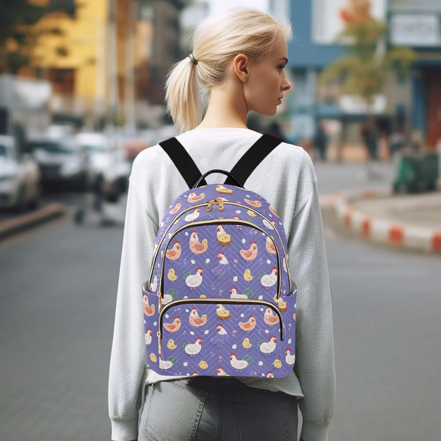 Mini Backpack for Women Purple Chicken Hen Farm Animal Travel Backpack Purse for Ladies Handbag Shoulder Bag Casual Daypack, M