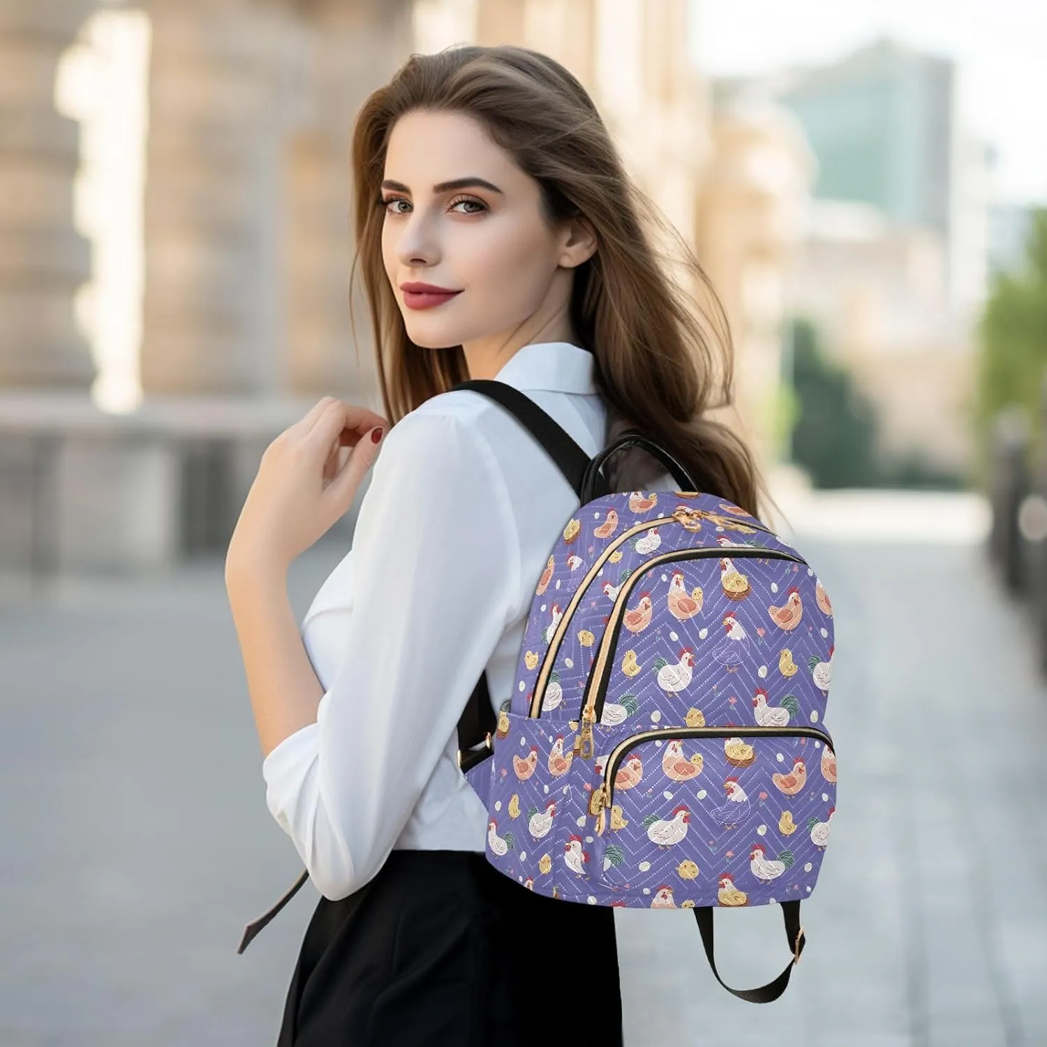 Mini Backpack for Women Purple Chicken Hen Farm Animal Travel Backpack Purse for Ladies Handbag Shoulder Bag Casual Daypack, M