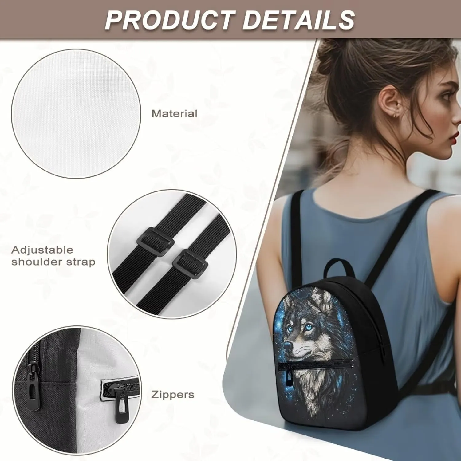Mini Backpack for Women Wolf Small Cute Backpack Organizer with Adjustable Shoulder Strap for Ladies Small Purse Fashion Handbag for Birthday Picnic Travel Sport Gym