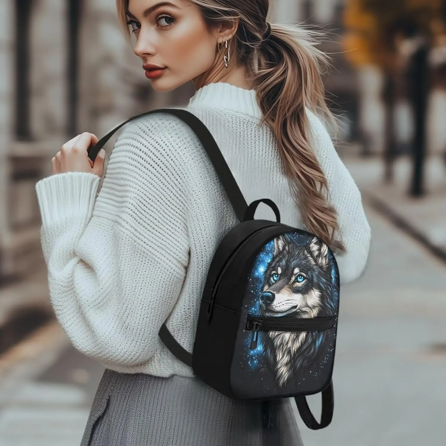 Mini Backpack for Women Wolf Small Cute Backpack Organizer with Adjustable Shoulder Strap for Ladies Small Purse Fashion Handbag for Birthday Picnic Travel Sport Gym