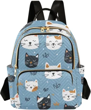 Mini Backpack Purse for Women, Cat Faces on A Blue Background Travel Bag Casual Daypack Shoulder Bag