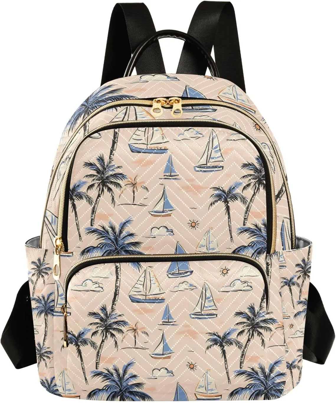 Mini Backpack Purse for Women, Palm Tree Sailboat Cloud Pattern Travel Bag Casual Daypack Shoulder Bag